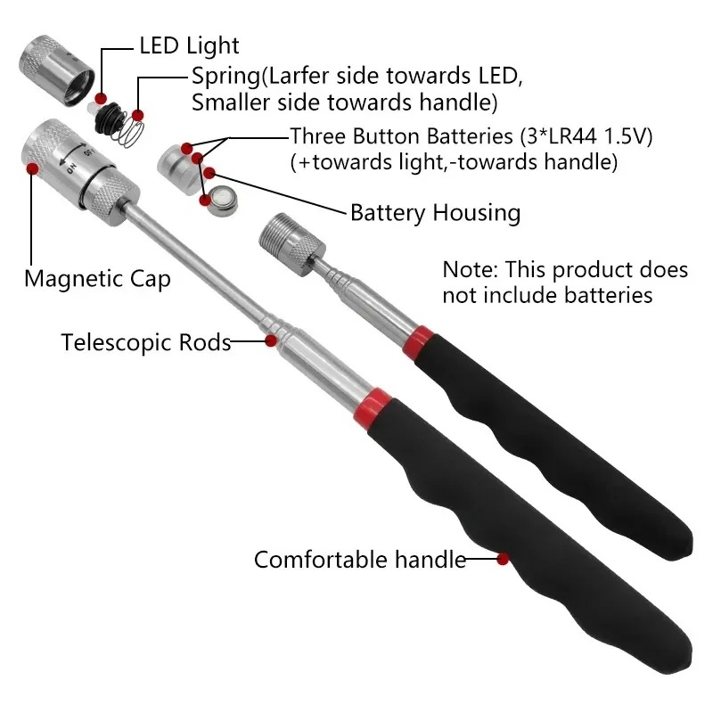 Fishing Rod Travel - ปากกาแม่เหล็กแบบยืดหดได้พร้อมไฟ LED แท่งแม่เหล็กแบบพกพาขนาดเล็กสำหรับเก็บสกรู น็อต โบลต์ และชิ้นส่วนโลหะ